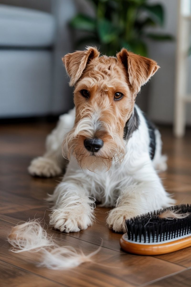 A Wire Fox Terrier lying on a polished wooden floor with clumps of hair on the floor.