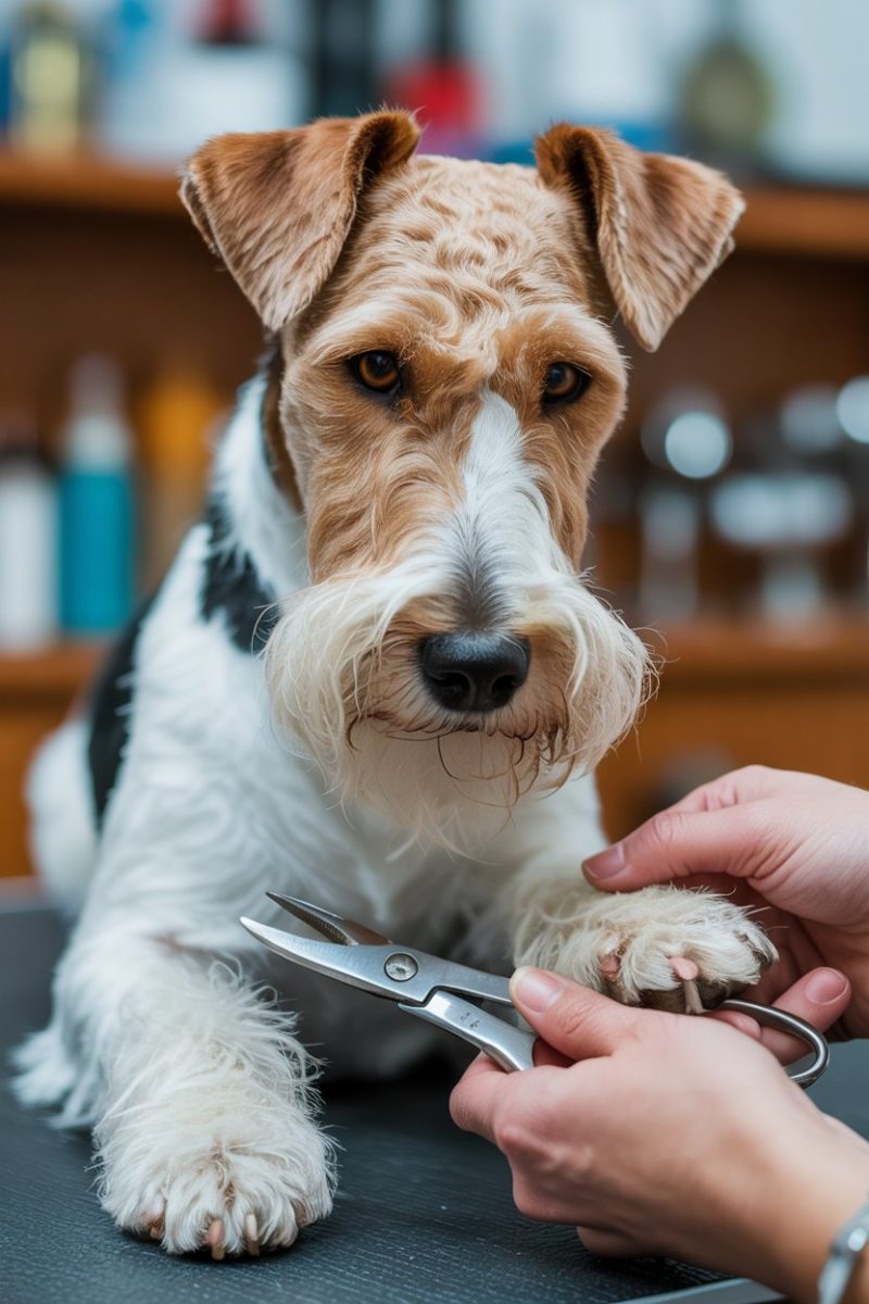 A Wire Fox Terrier being groomed.