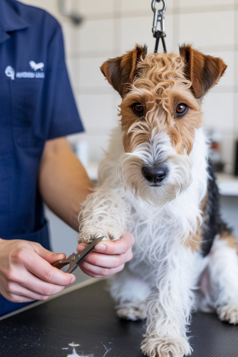 A Wire Fox Terrier being groomed in a bright, clean grooming salon.