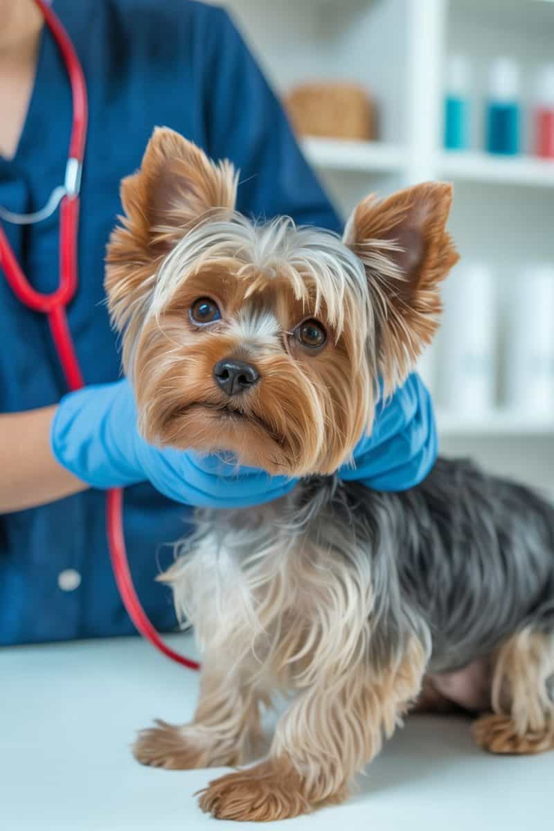 A Yorkshire Terrier dog being examined by a caucasian female veterinarian.