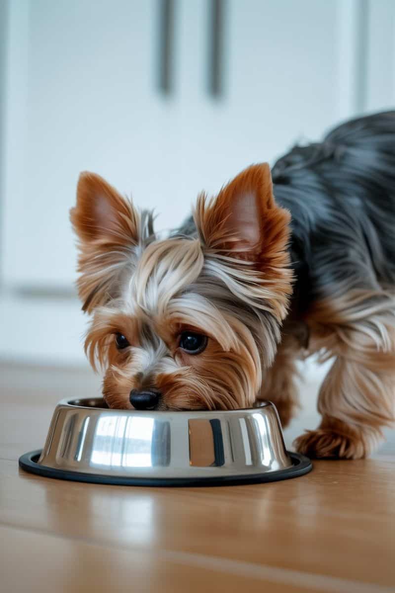 A Yorkshire Terrier eating from a silver metal food bowl on a light wooden floor.