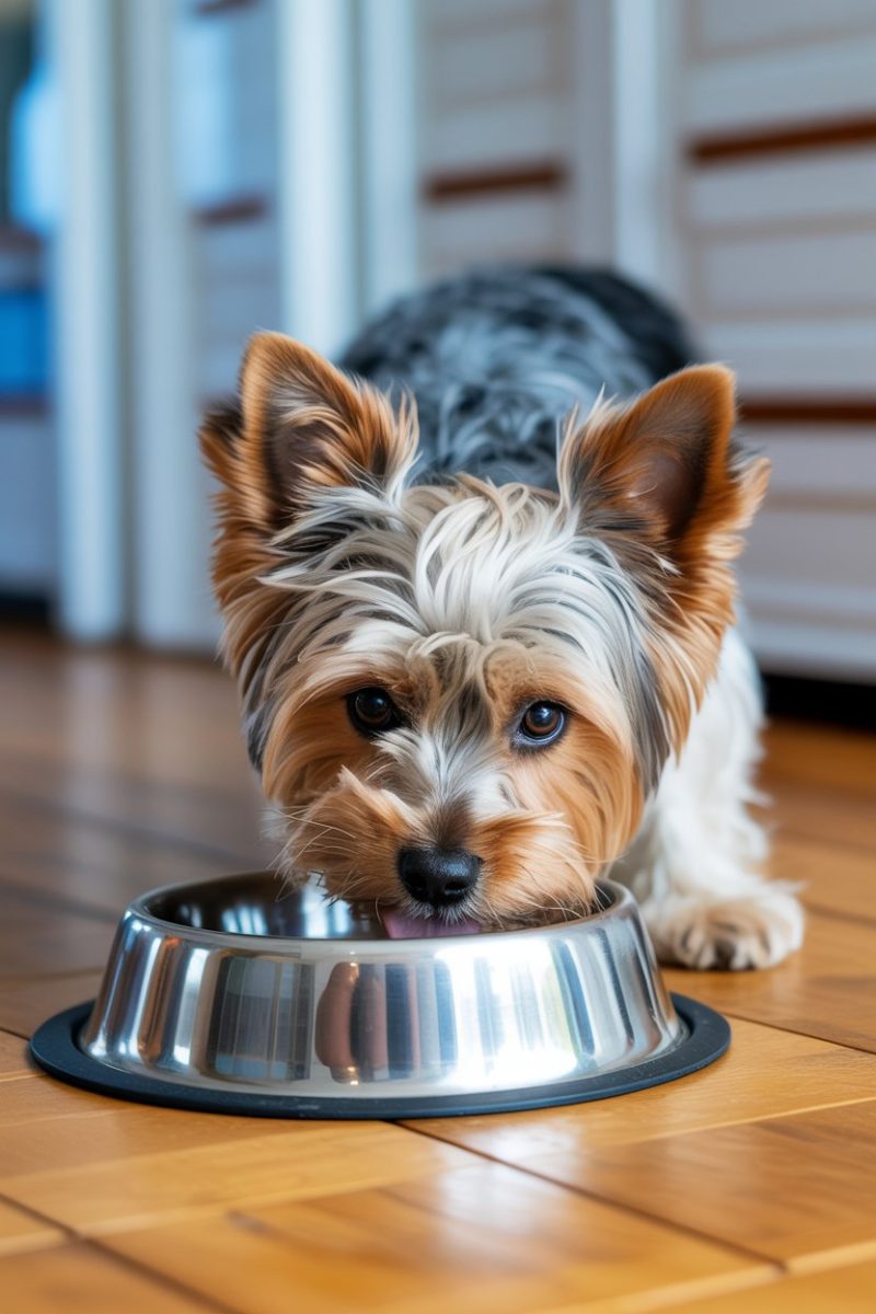 A Yorkshire Terrier dog lying on a polished wooden floor next to a stainless steel dog bowl.