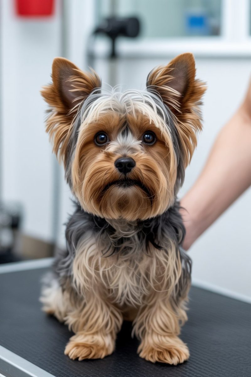 A Yorkshire Terrier dog sitting on a black textured surface.