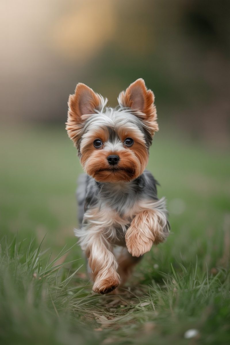 A Yorkshire Terrier in motion, captured in sharp focus against a soft, blurred natural background.