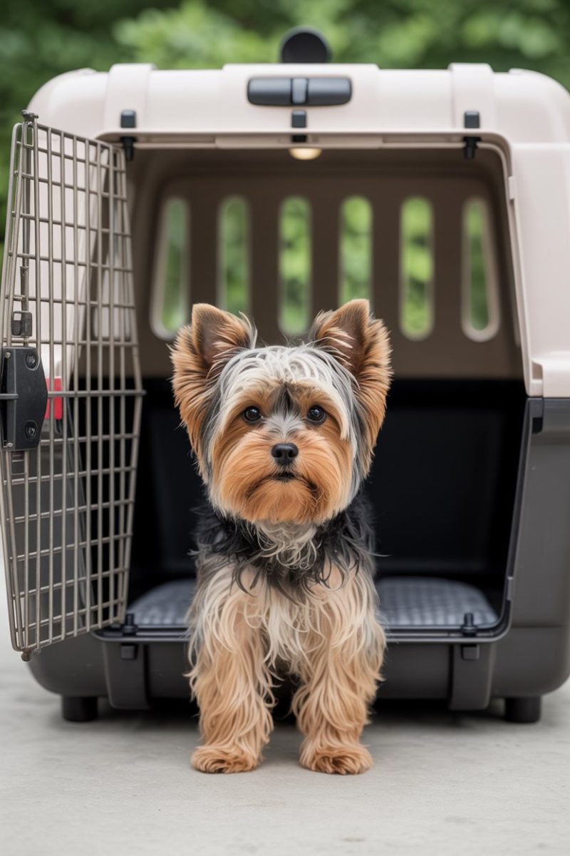 A Yorkshire Terrier sitting in front of an open pet carrier.