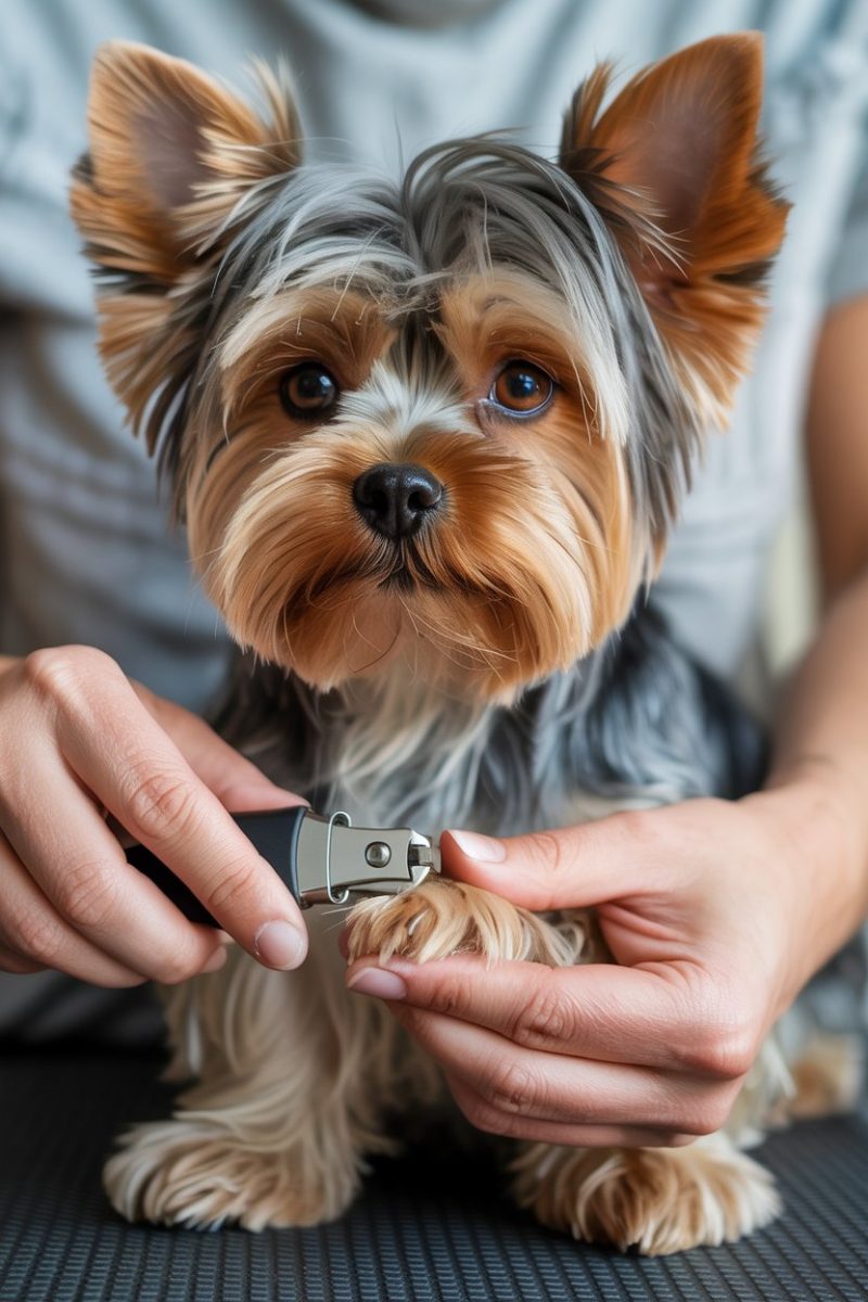 A Yorkshire Terrier being groomed.