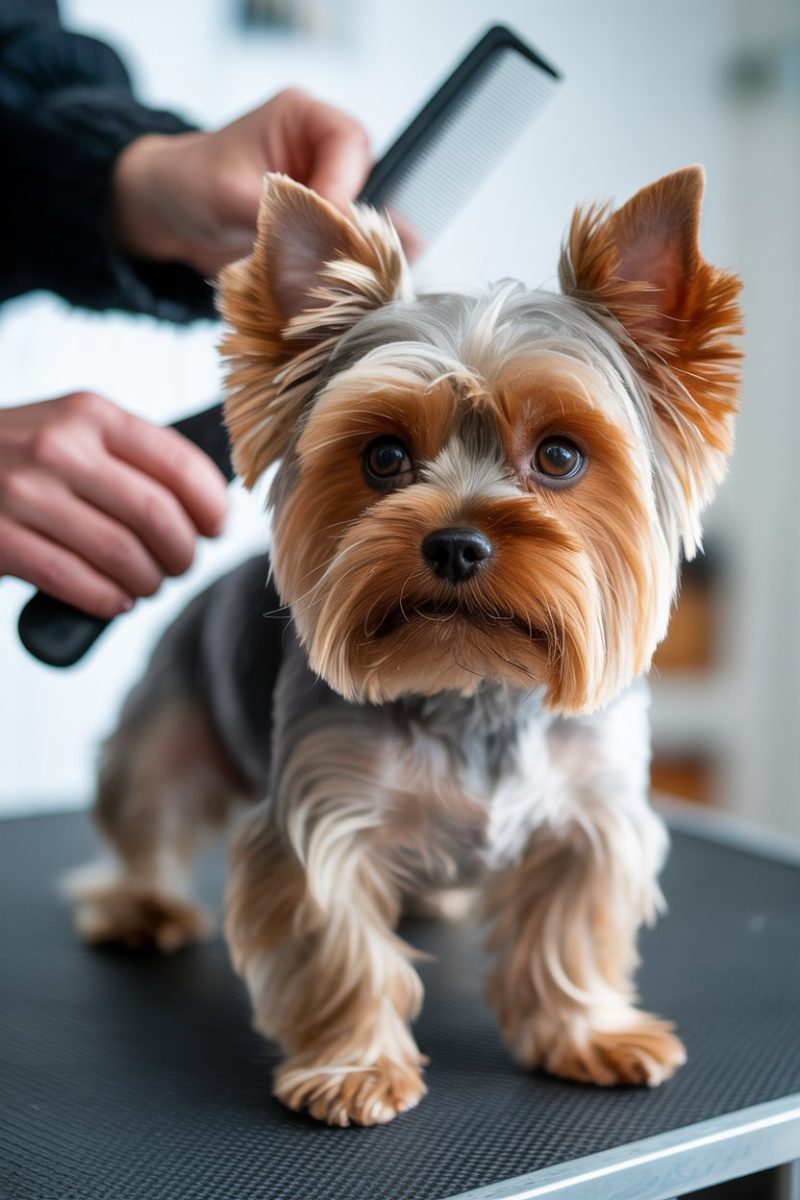 A Yorkshire Terrier being groomed on a black textured grooming table.