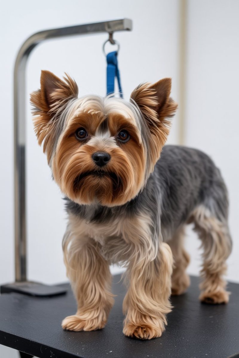 A Yorkshire Terrier standing on a black grooming table.