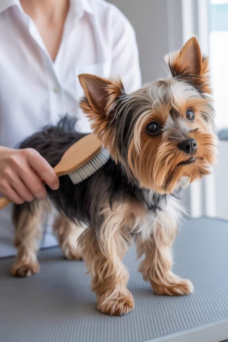 A Yorkshire Terrier being brushed on a gray textured grooming table.