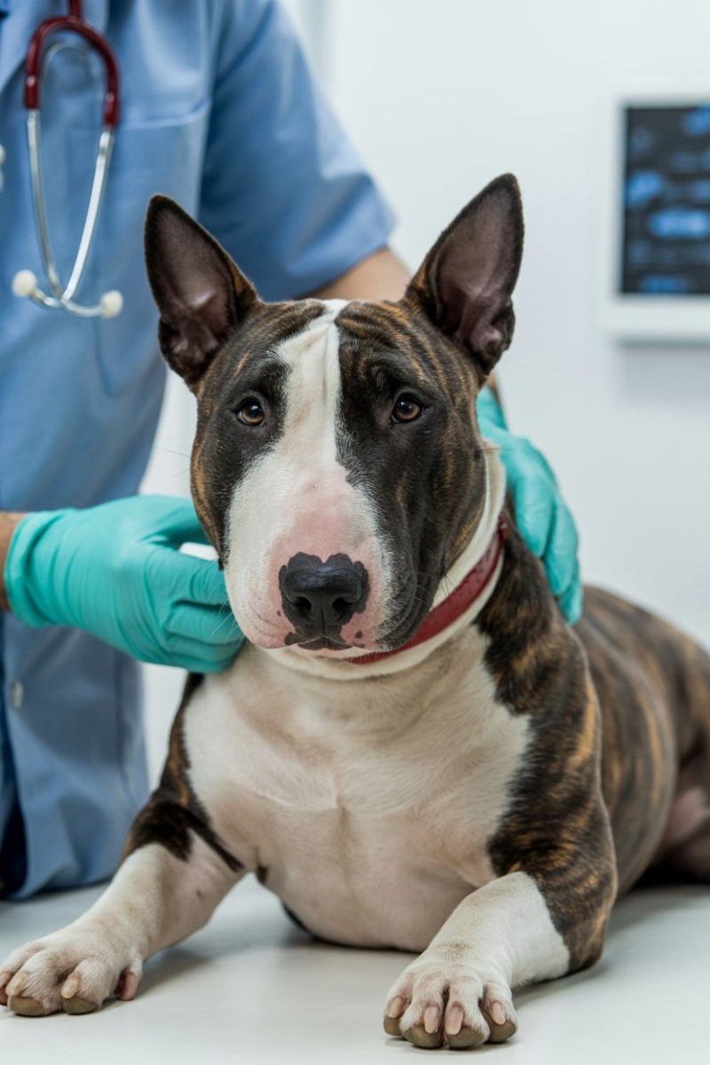 A Bull Terrier dog lying on a white examination table.