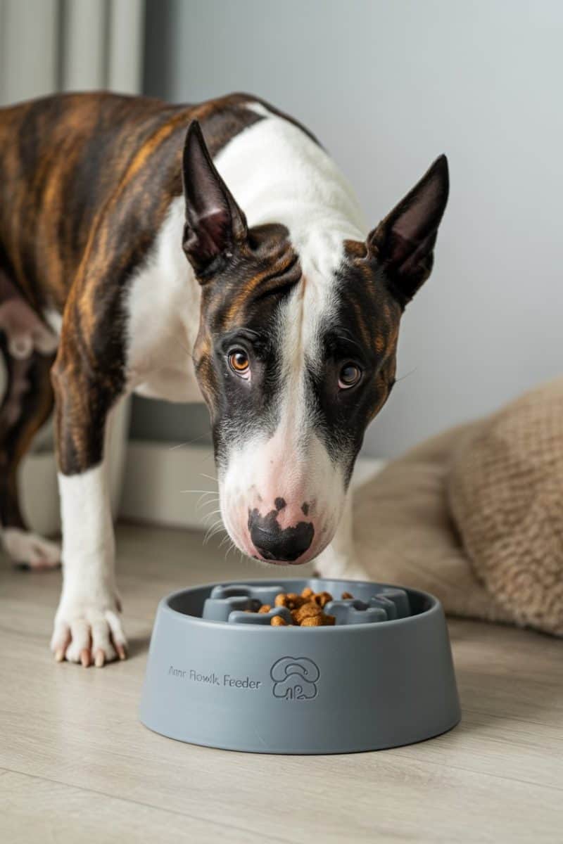 A brindle and white Bull Terrier dog standing next to a gray anti-bloat slow feeder bowl.