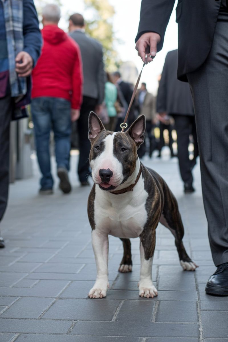A Bull Terrier dog standing on gray brick pavement.