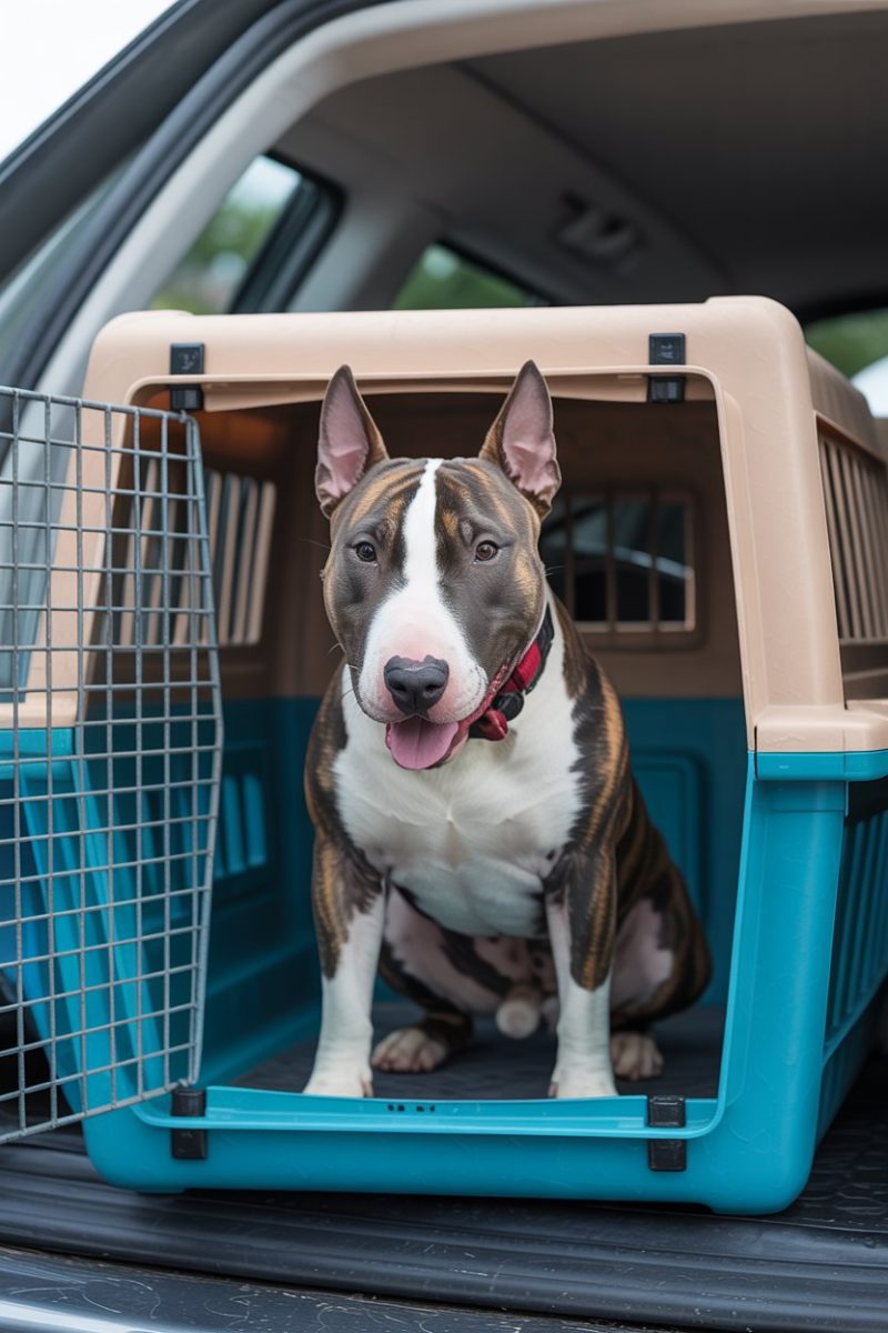 A happy English Bull Terrier sitting in a turquoise and beige pet carrier inside a car.