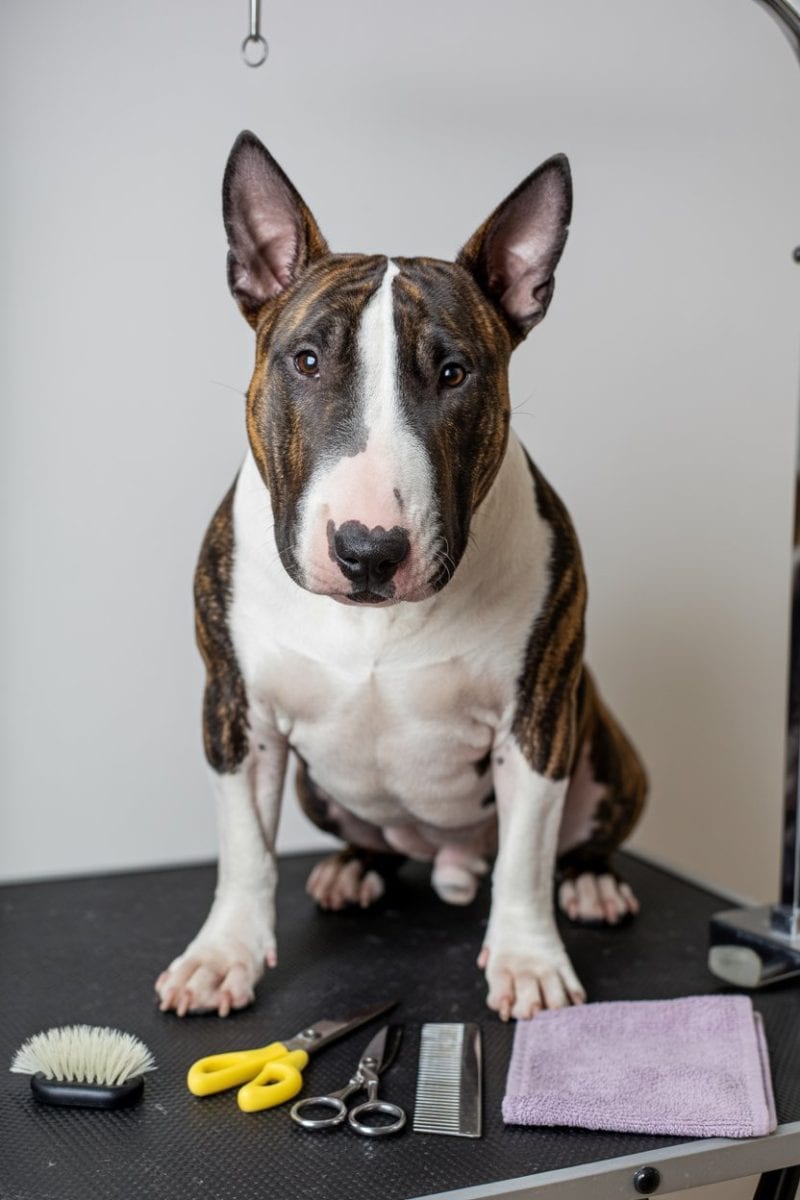 A grooming studio photograph of a Bull Terrier sitting on a black textured grooming table with grooming tools arranged.