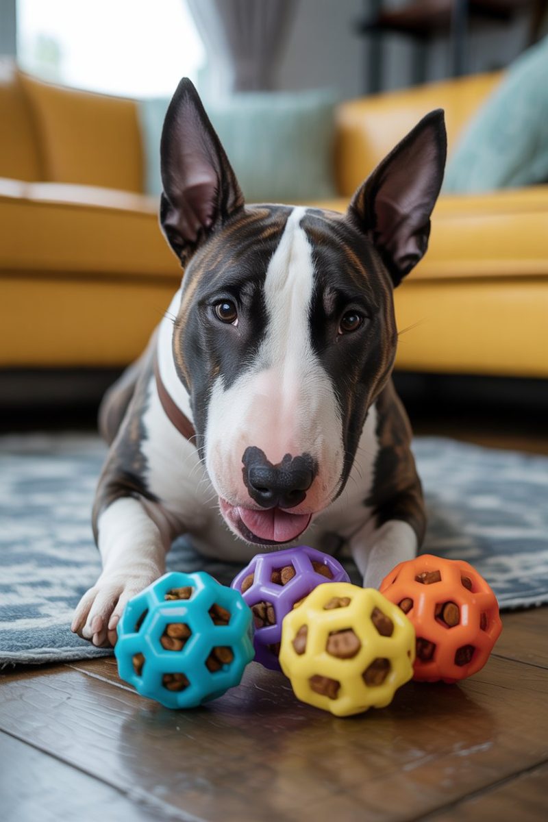 A Bull Terrier dog lying on a gray patterned rug with four colorful hollow rubber balls.
