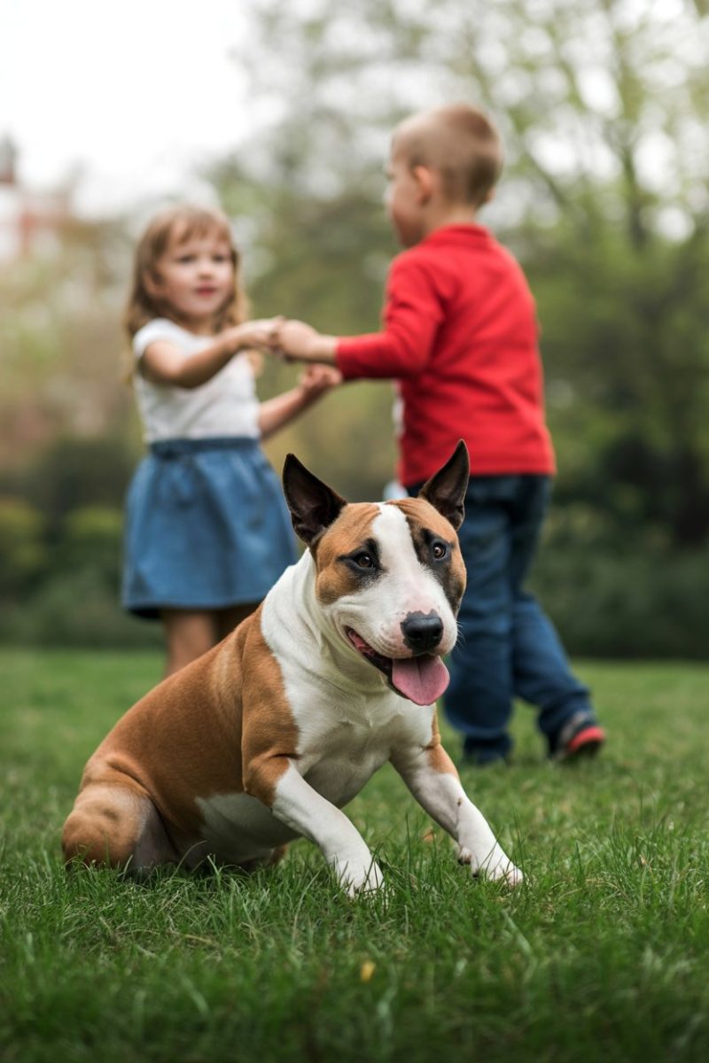 A happy English Bull Terrier dog sitting on green grass in the foreground.