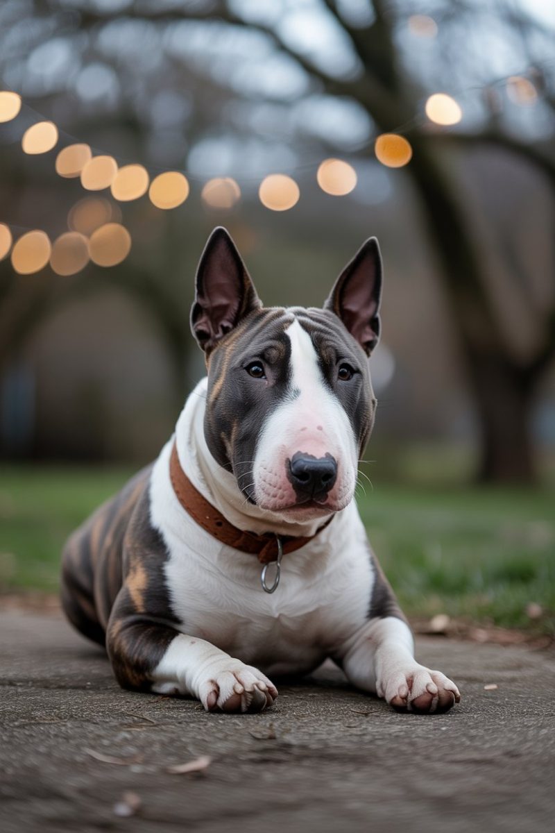 A Bull Terrier lying on a concrete surface in an outdoor setting.