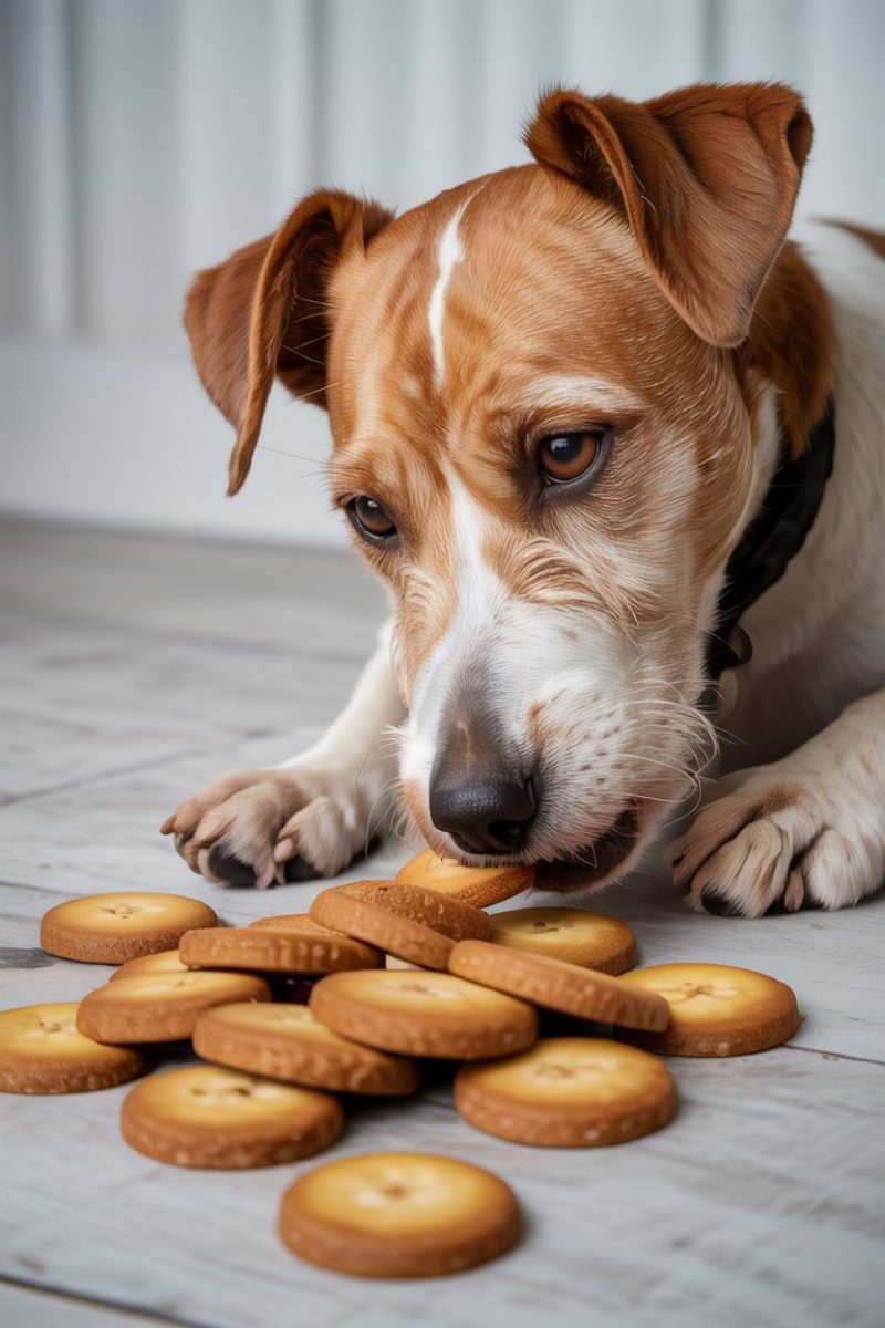 A Jack Russell Terrier dog lying on a light gray wooden floor, looking at a pile of round golden-brown cookies.