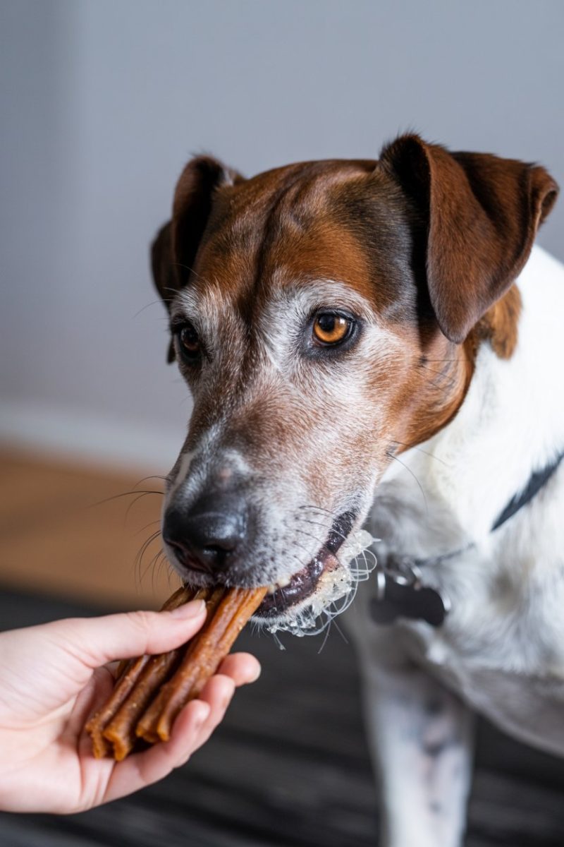 A Jack Russell Terrier dog being fed a bully stick.
