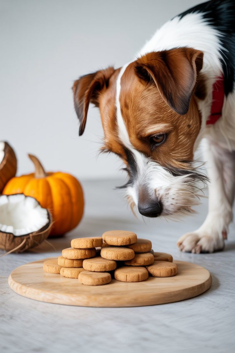 A Jack Russell Terrier dog sniffing a stack of round, golden-brown dog biscuits on a light wooden circular board.