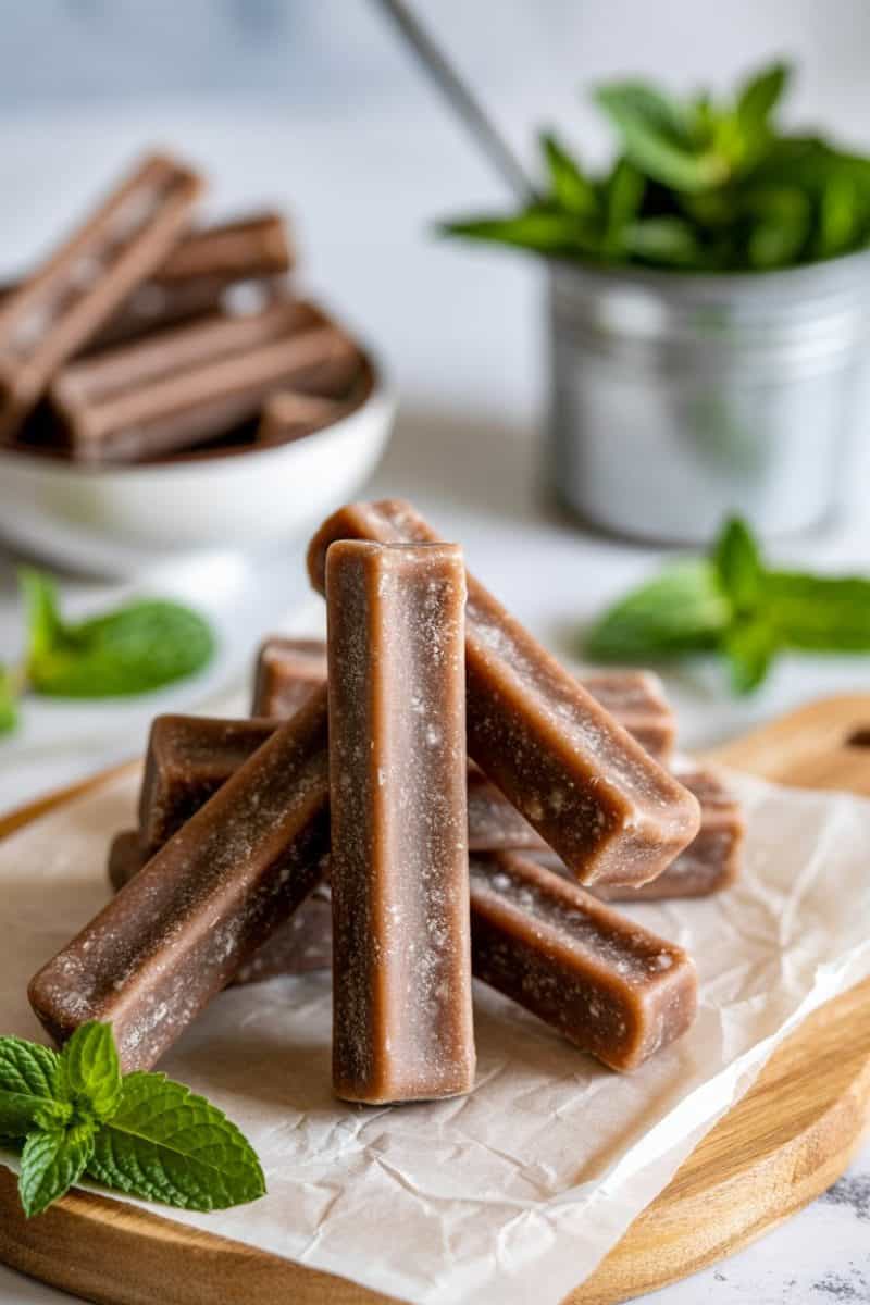 Minty sticks arranged on a wooden cutting board with white parchment paper.