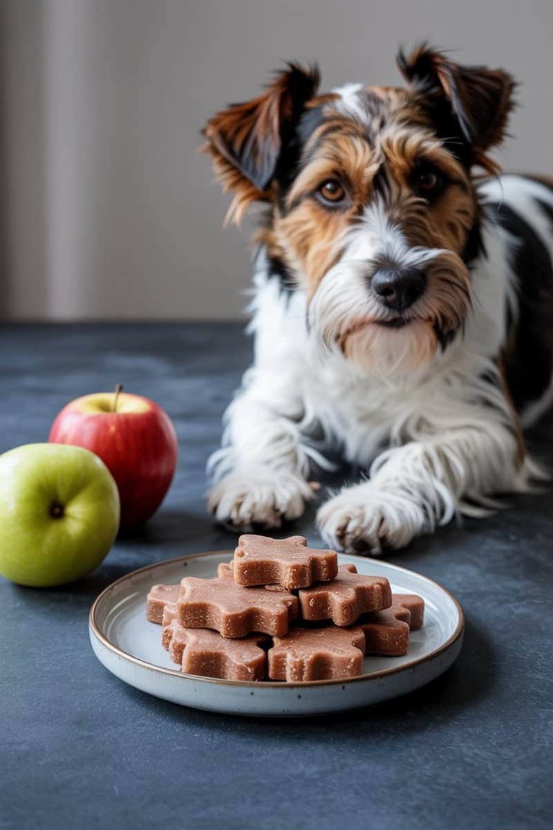 A Terrier dog lying on a dark slate surface with a white ceramic plate containing several star-shaped brown dog treats.