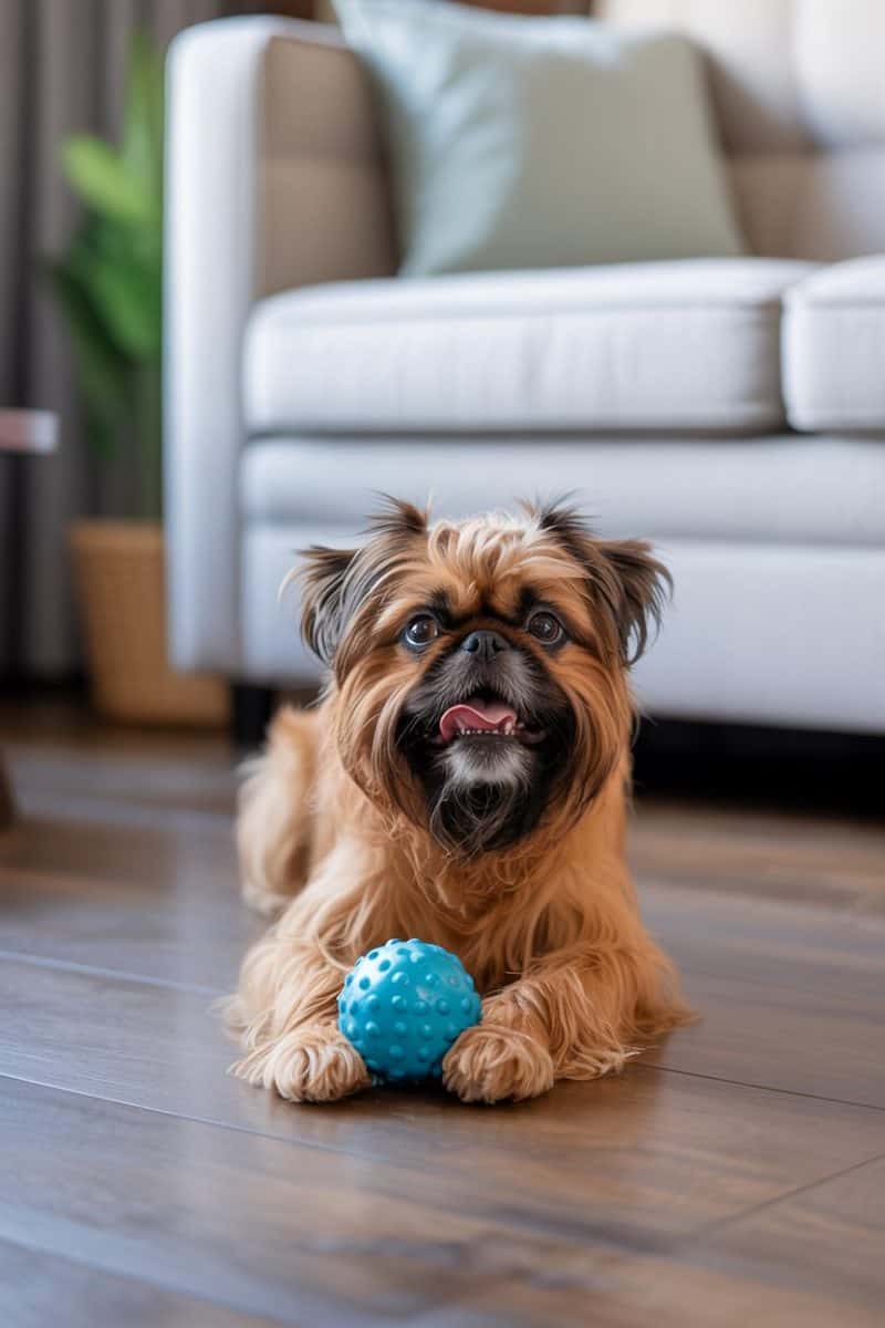 A Brussels Griffon dog lying on a dark brown hardwood floor.