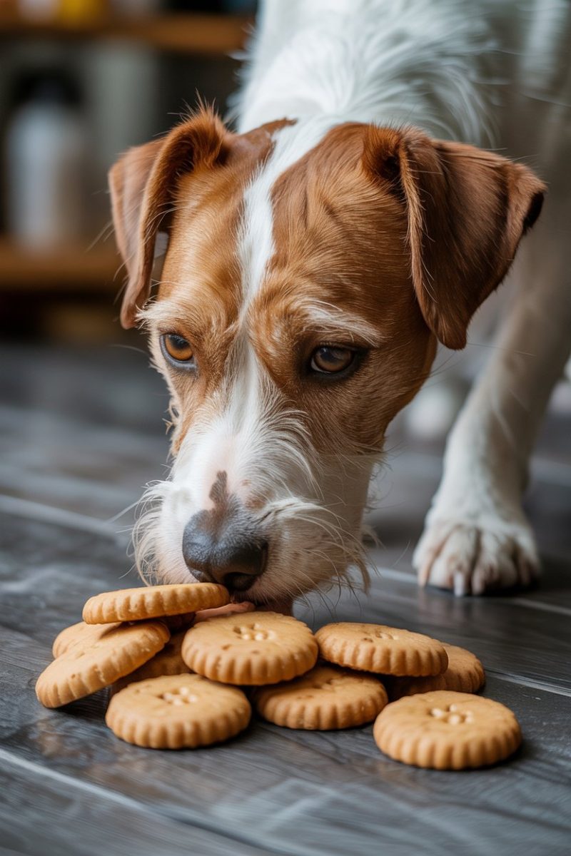 A Jack Russell Terrier dog sniffing a pile of round, golden-brown cookies on a dark wooden surface.