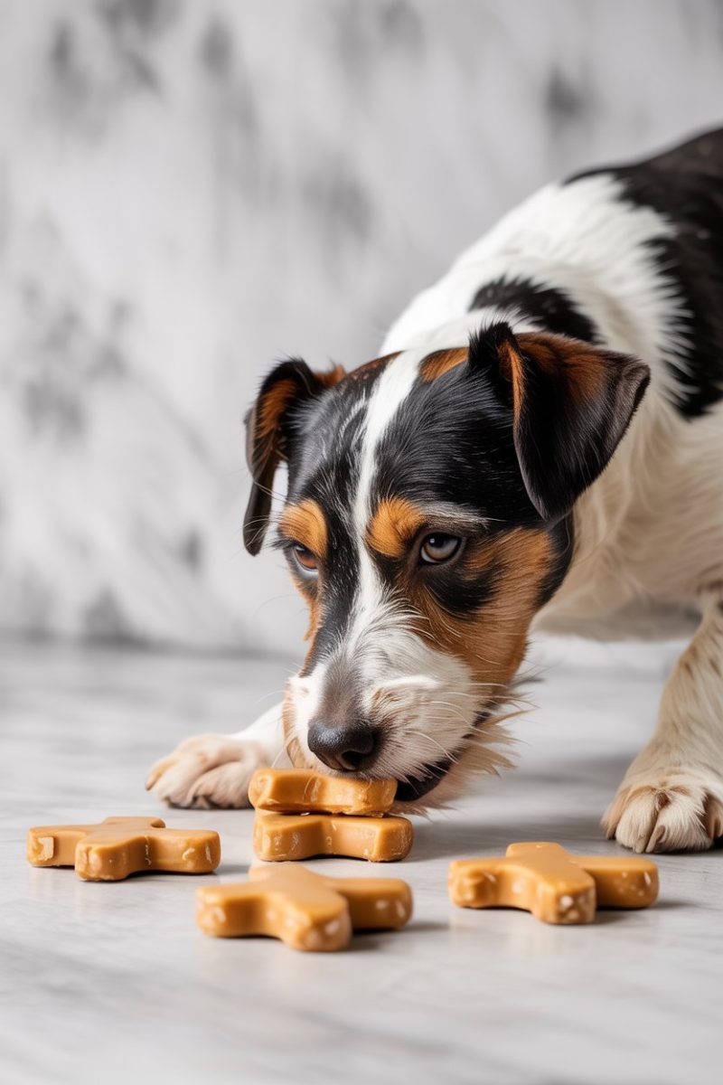 A Jack Russell Terrier dog eating bone-shaped dog treats on a light gray surface.