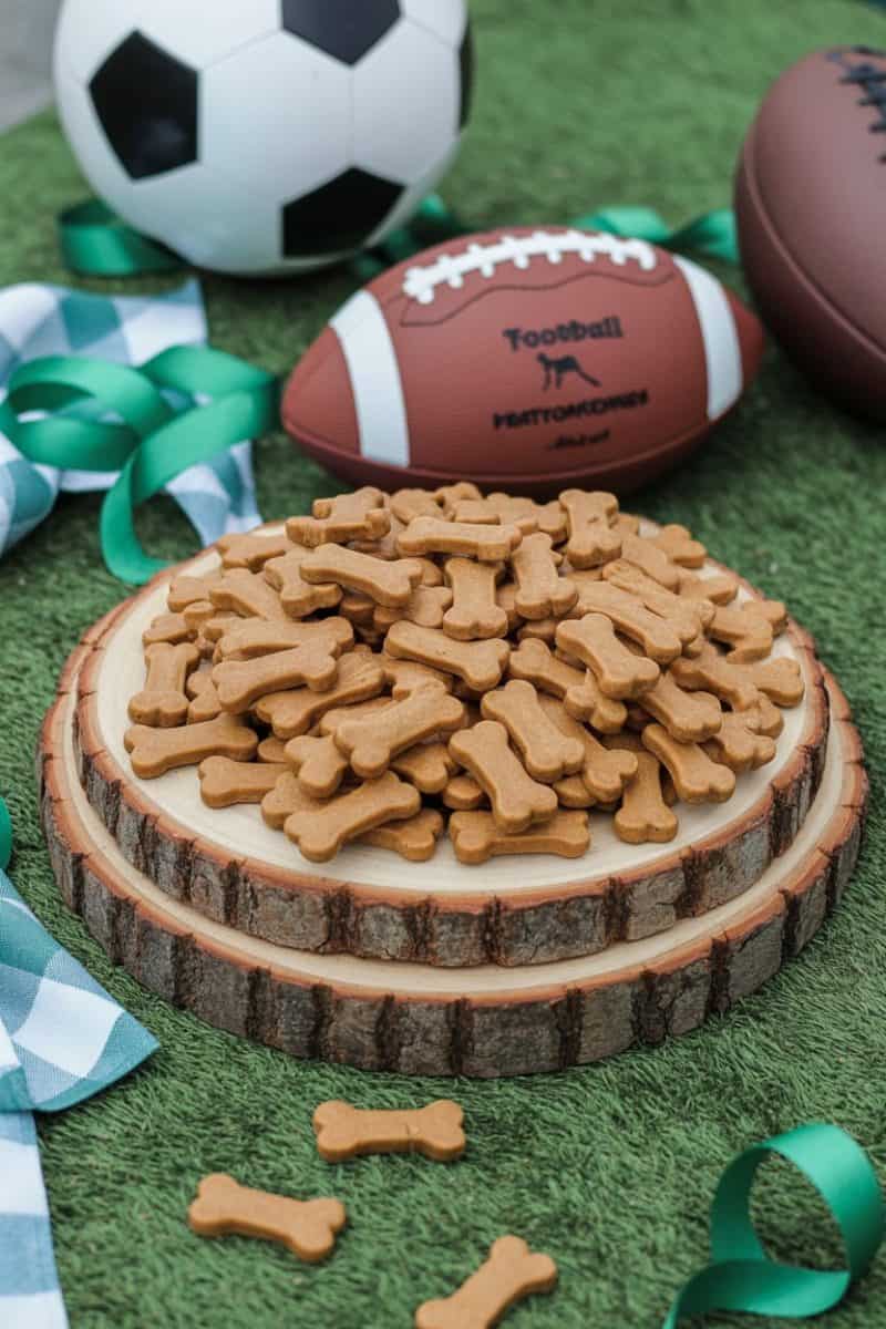 Dog biscuits arranged on a rustic wooden slice with bark edges. 
