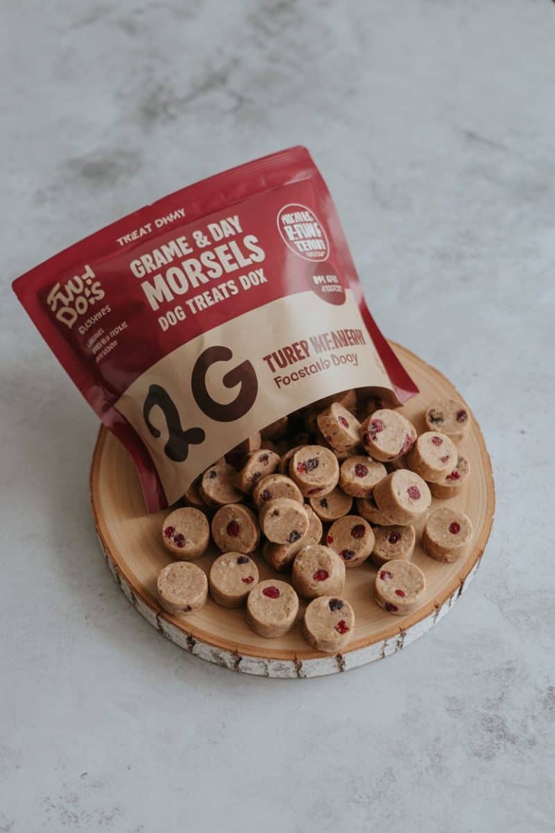 Dog treats on a light gray marble surface.