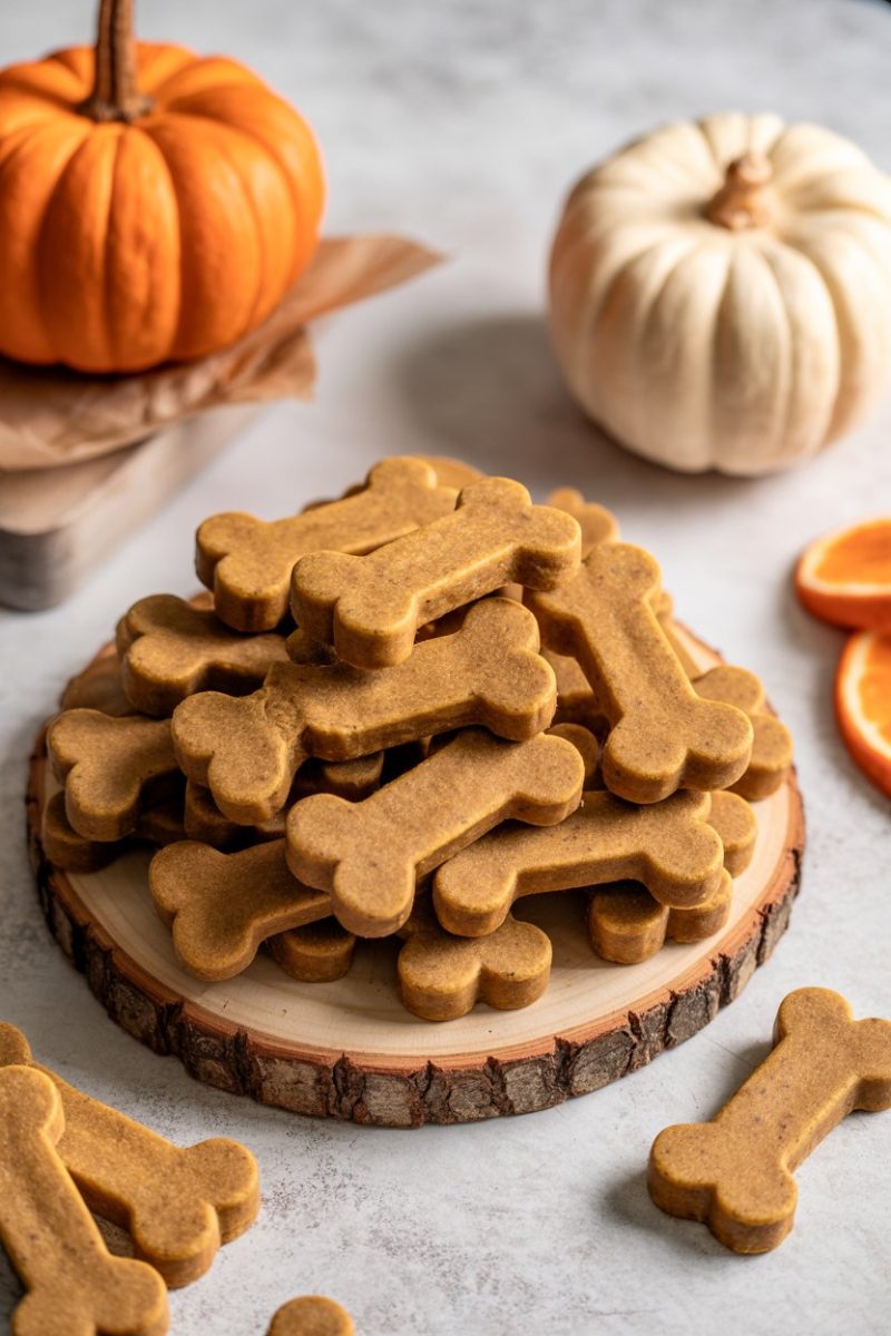 Homemade dog biscuits on a rustic wooden slice with bark.