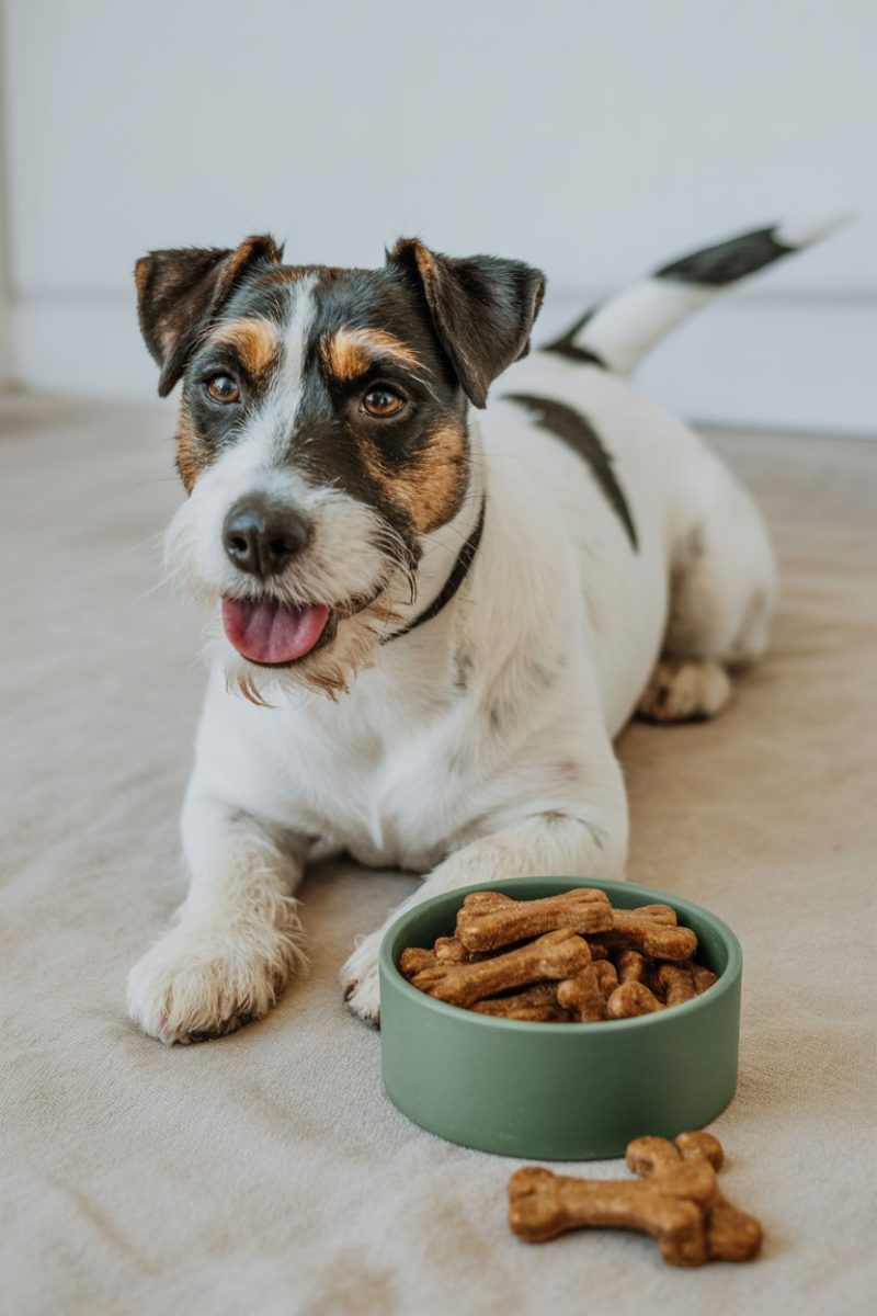 A Jack Russell Terrier dog lying on a light beige carpet.