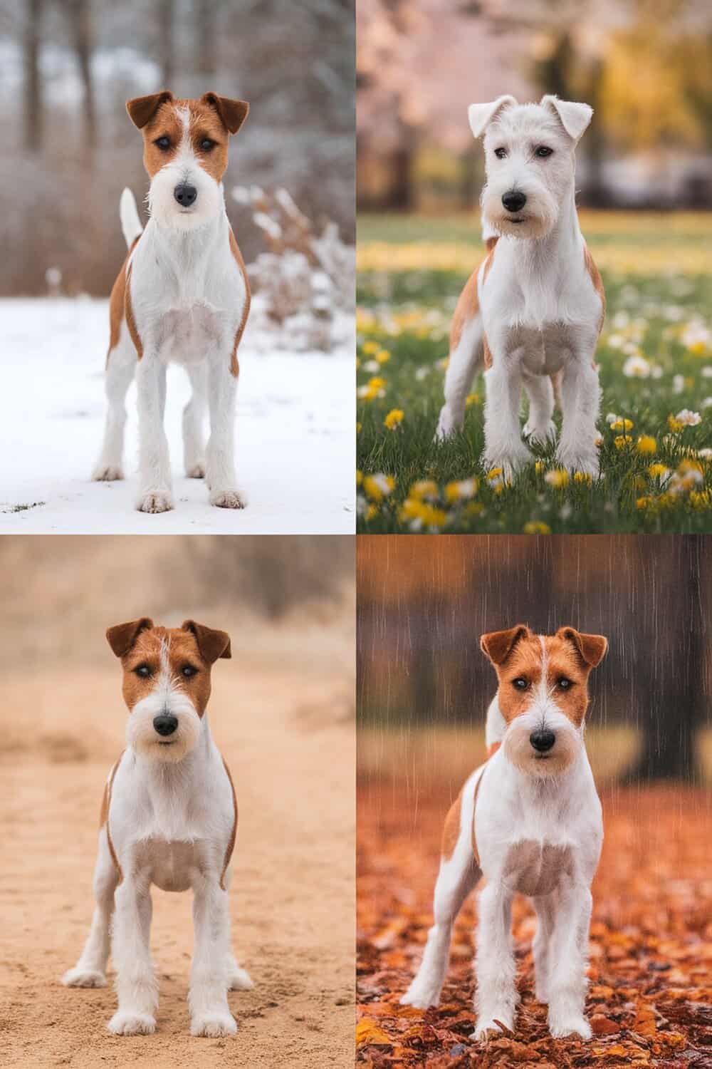 Four images of Wire Fox Terriers in different seasonal settings.