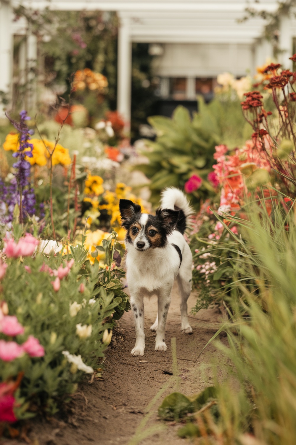 A curious Papillon Terrier mix standing in a vibrant garden filled with flowers.