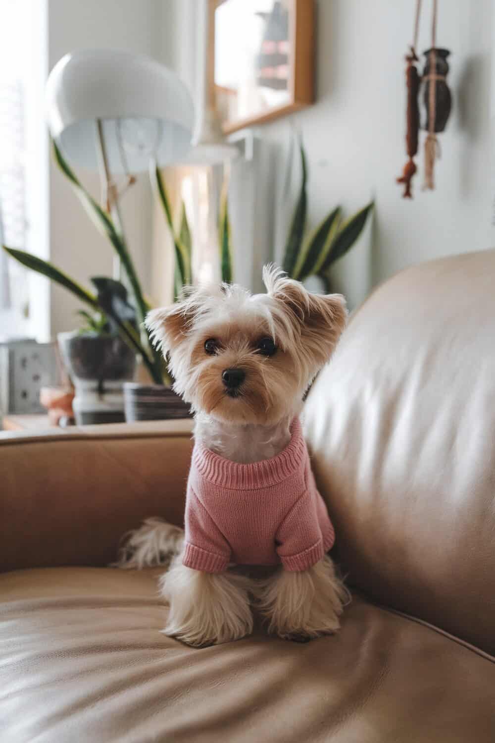 A small Maltese Yorkie mix sitting on a couch, wearing a pink sweater.