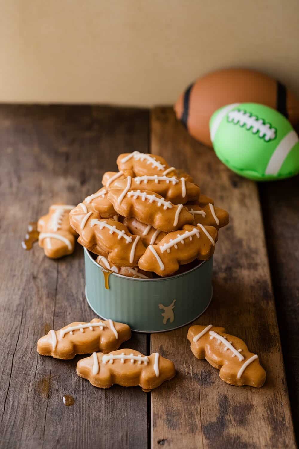 A pile of honey glazed dog treats shaped like footballs in a tin, with football toys in the background.