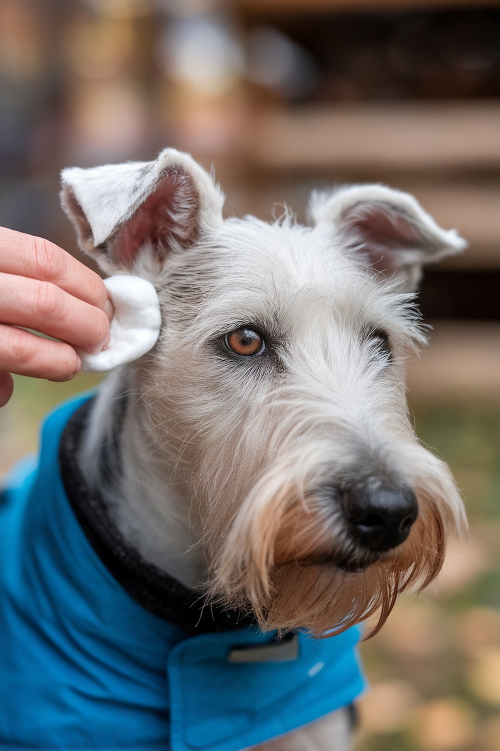 A person cleaning a Wire Fox Terrier's ear with a cotton ball.
