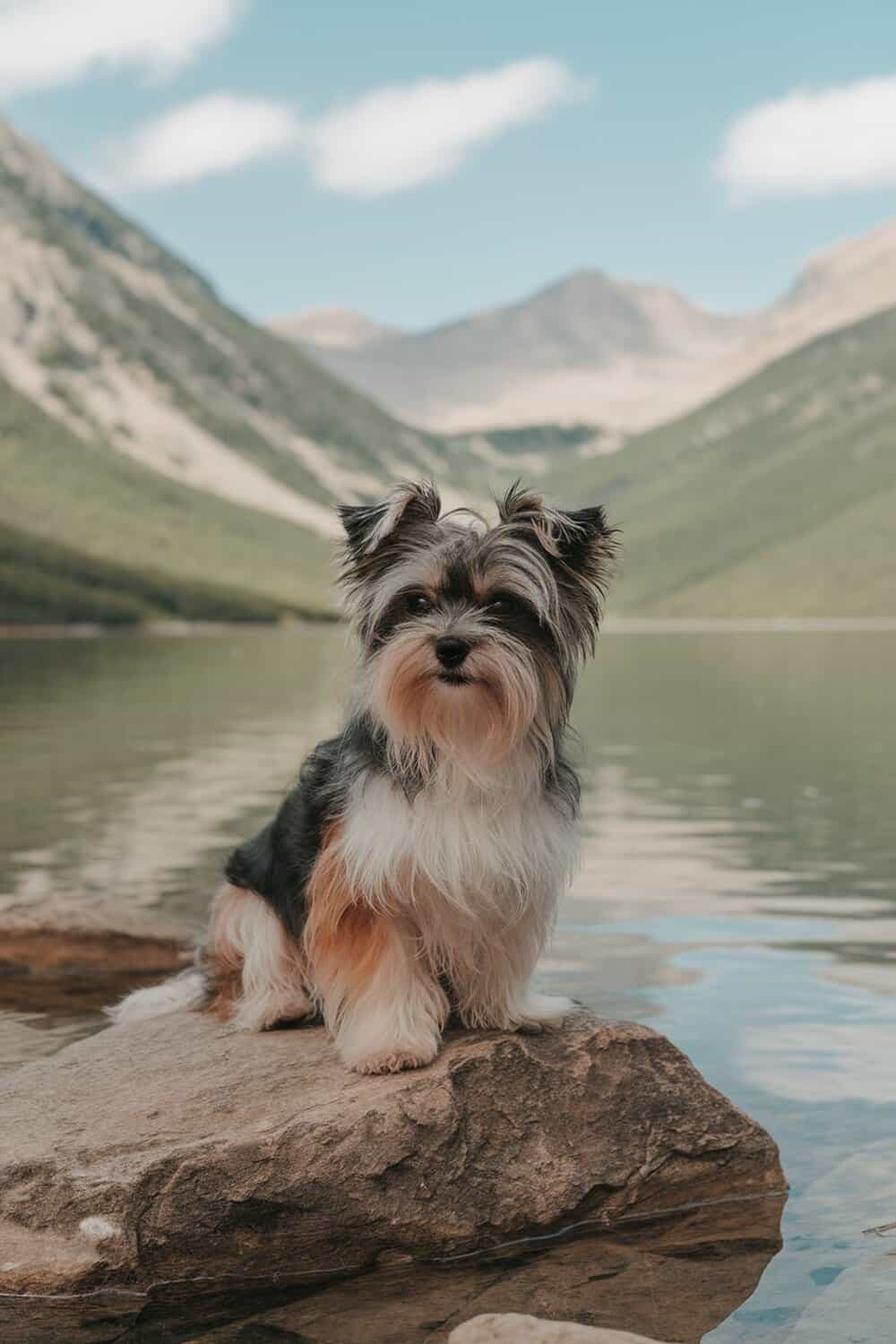 A Maltese Yorkie mix sitting on a rock by a serene lake, surrounded by mountains.