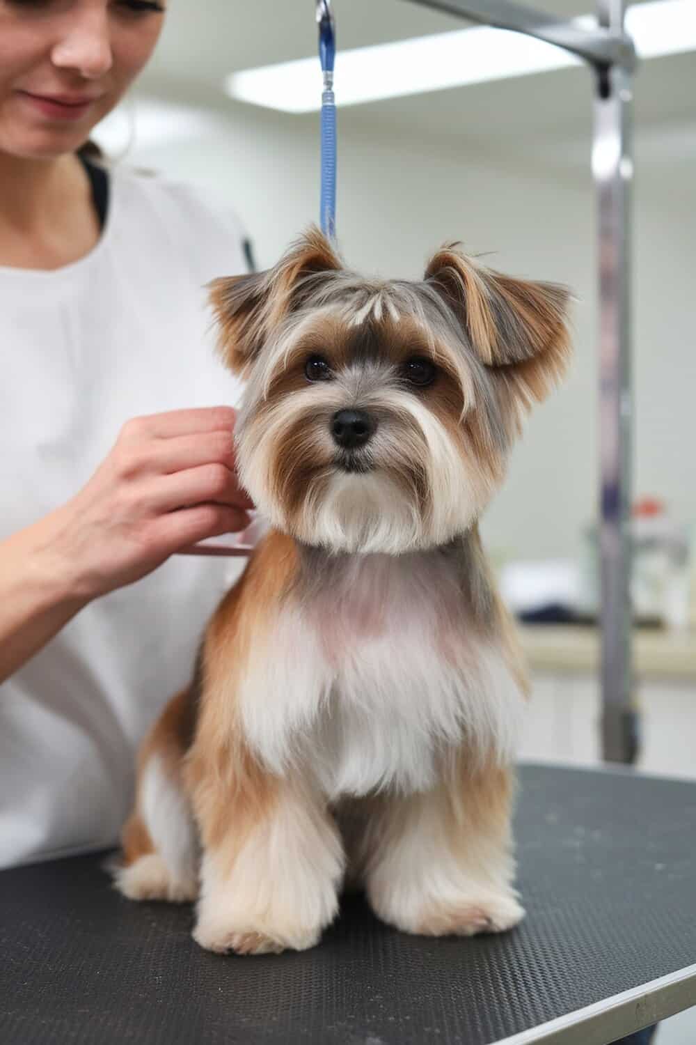 A Morkie being groomed, showcasing its low shedding coat.