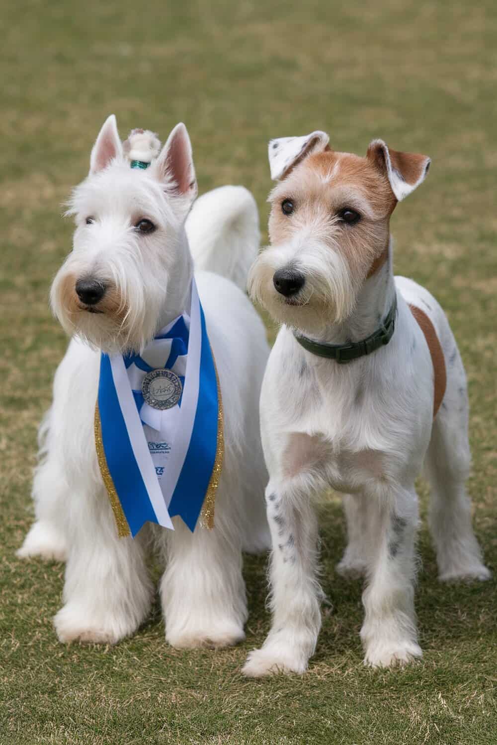 Two Wire Fox Terriers, one with a show ribbon, standing on grass.