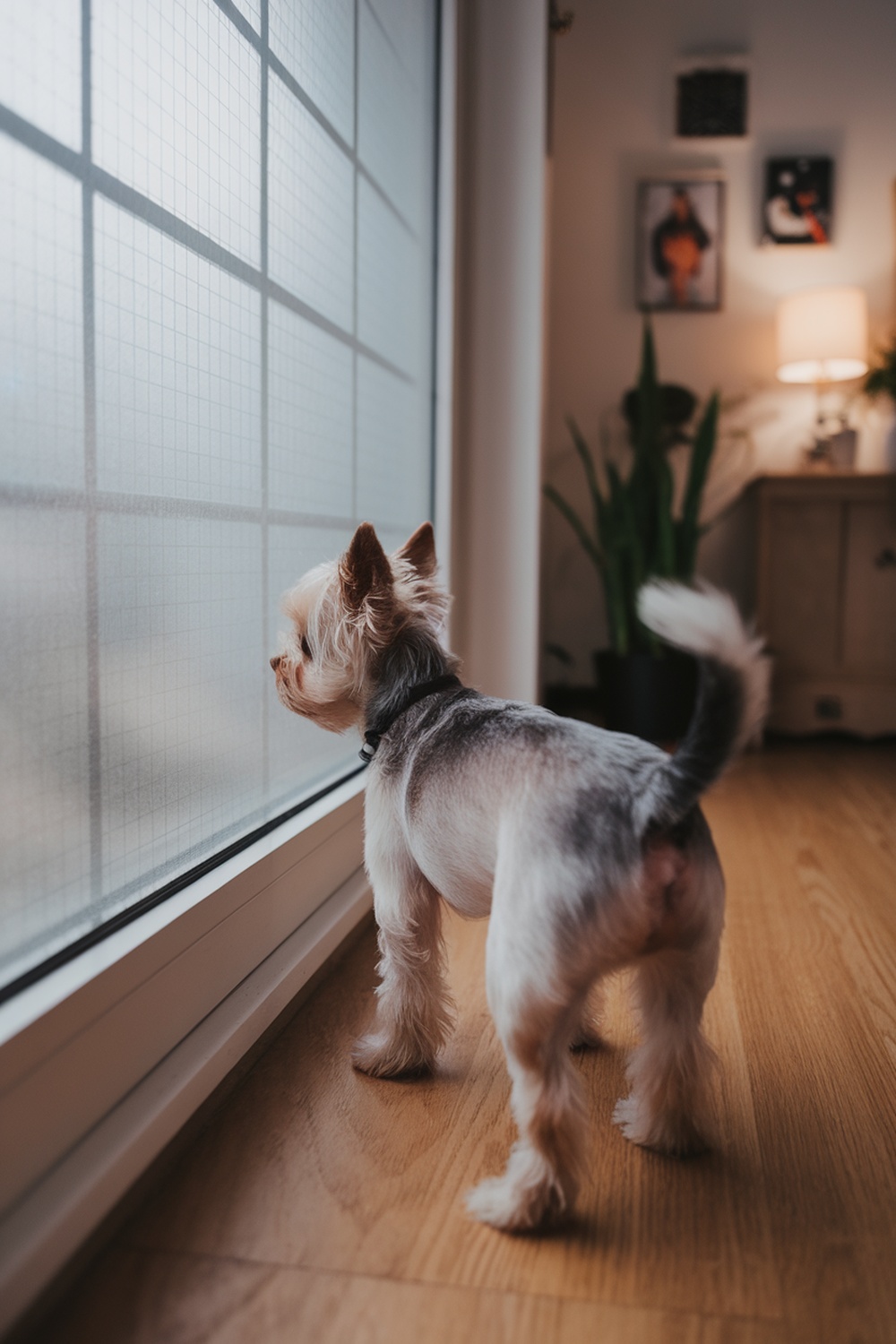 A Mini Yorkie looking out the window, possibly feeling anxious about being alone.