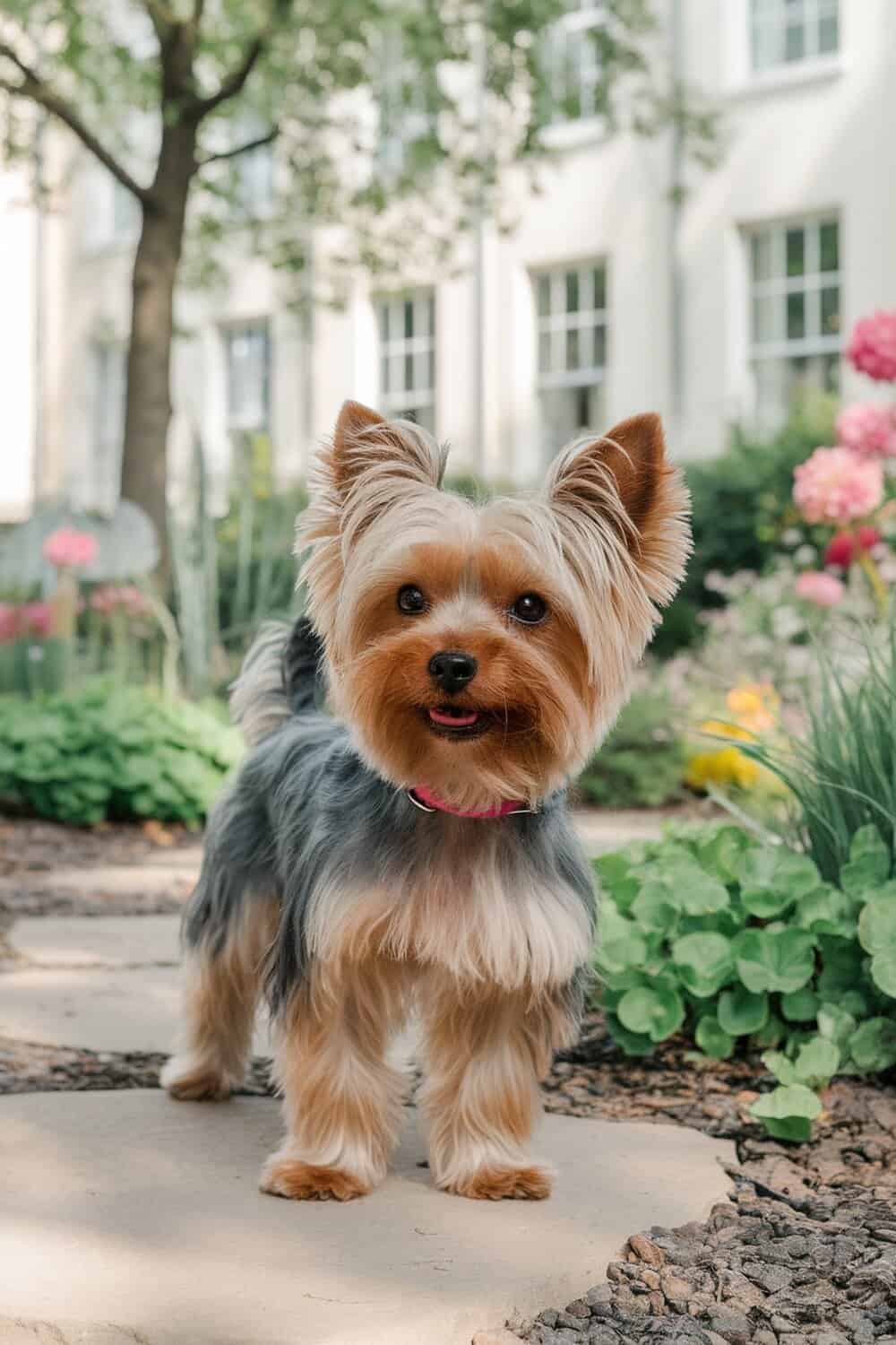 A Yorkie with a classic teddy bear cut, standing in a garden with flowers.