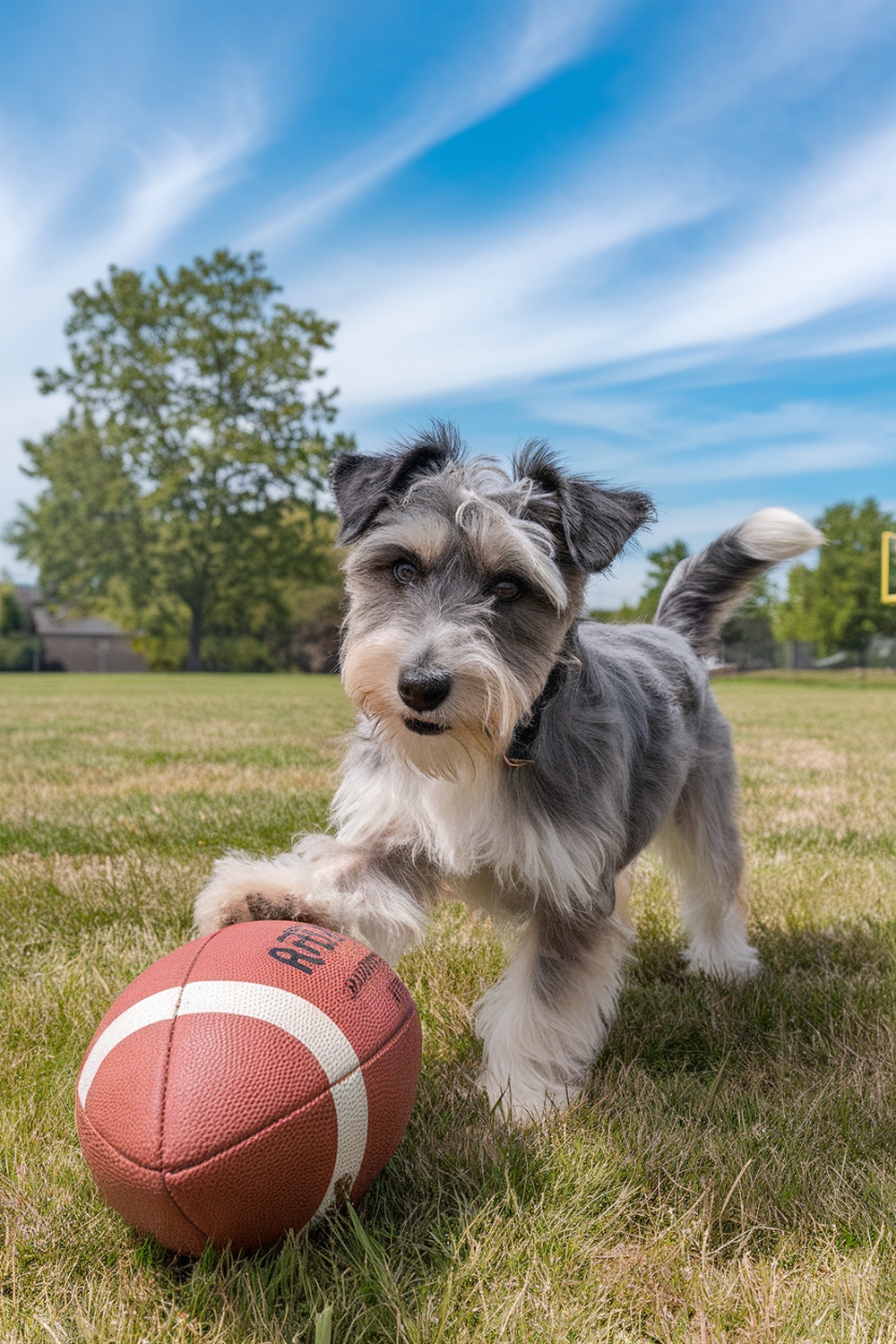A spirited terrier dog playing with a football in a grassy field under a blue sky.