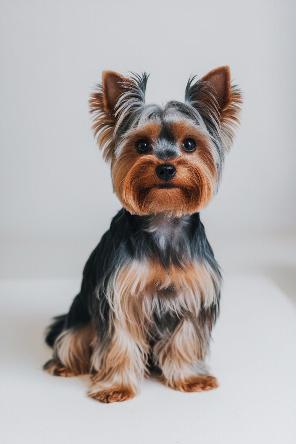 A Yorkshire Terrier with a minimalist teddy bear cut, showcasing a neat and stylish appearance.