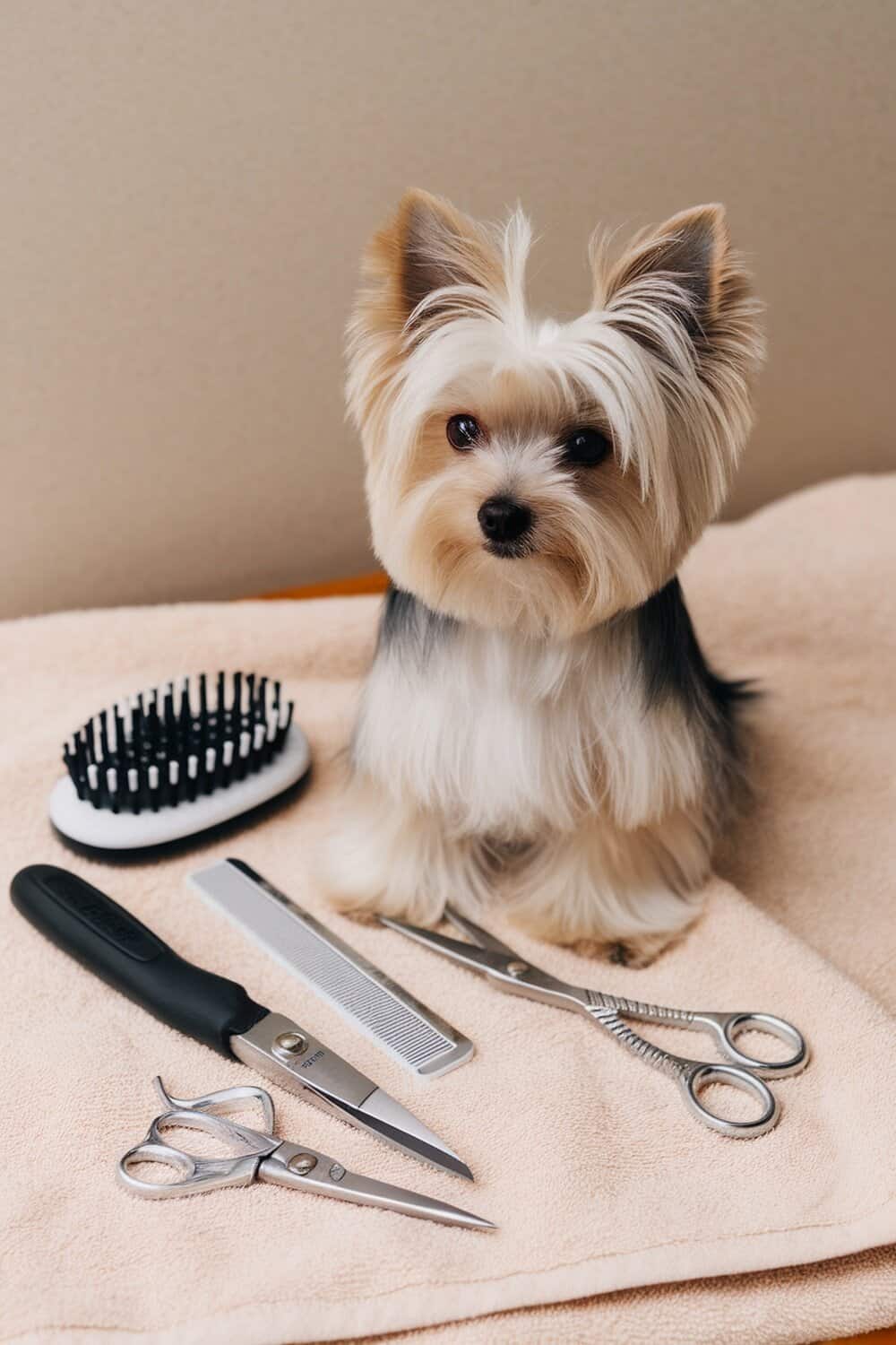 A Mini Yorkie sitting next to grooming tools like scissors, a comb, and a brush.