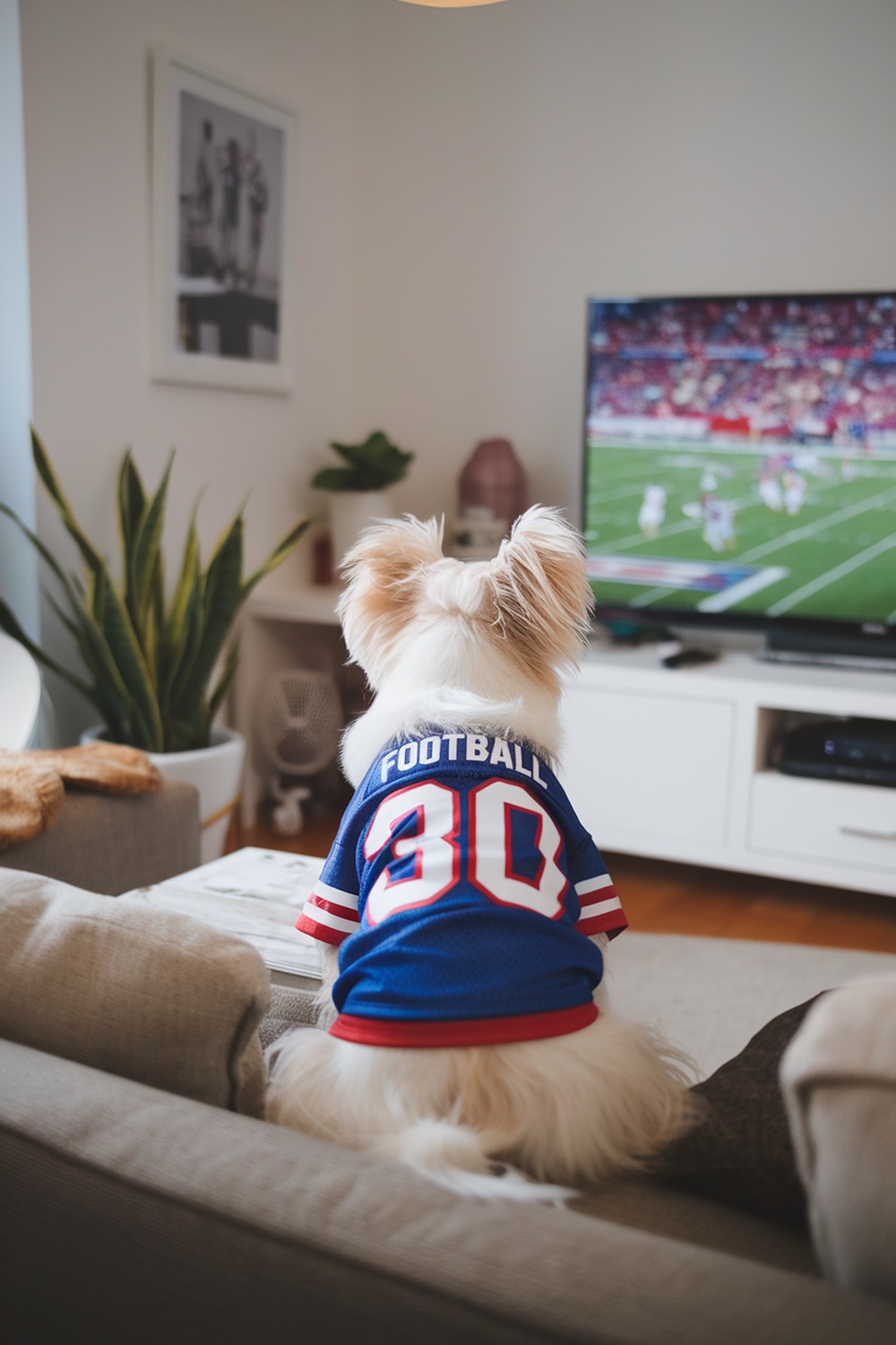 A Maltese Terrier wearing a football jersey, watching a game on TV.