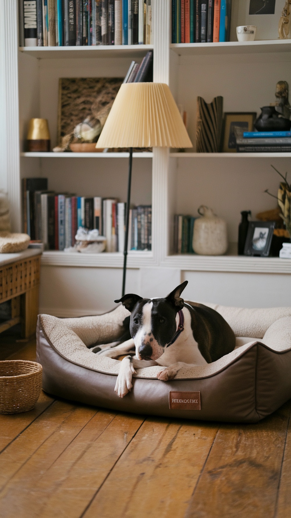 A relaxed American Bull Terrier lying in a comfortable dog bed in a cozy living room.