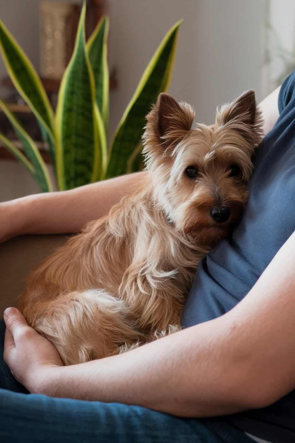 A Cairn Terrier snuggled in the arms of a person, showcasing its affectionate nature.