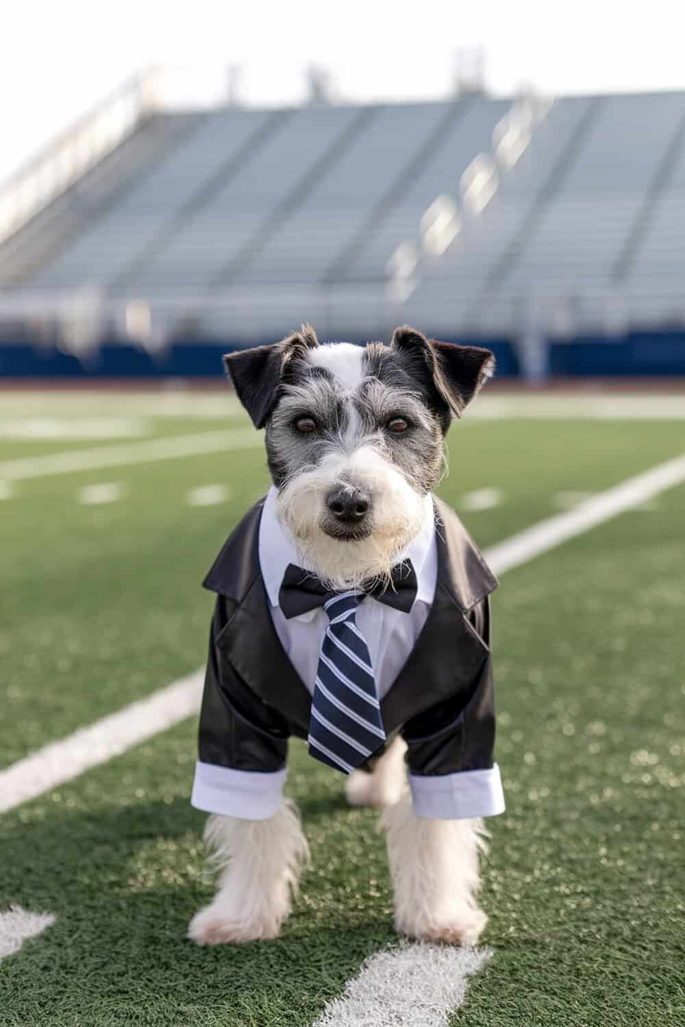 A terrier dog wearing a tuxedo with a bow tie on a football field.